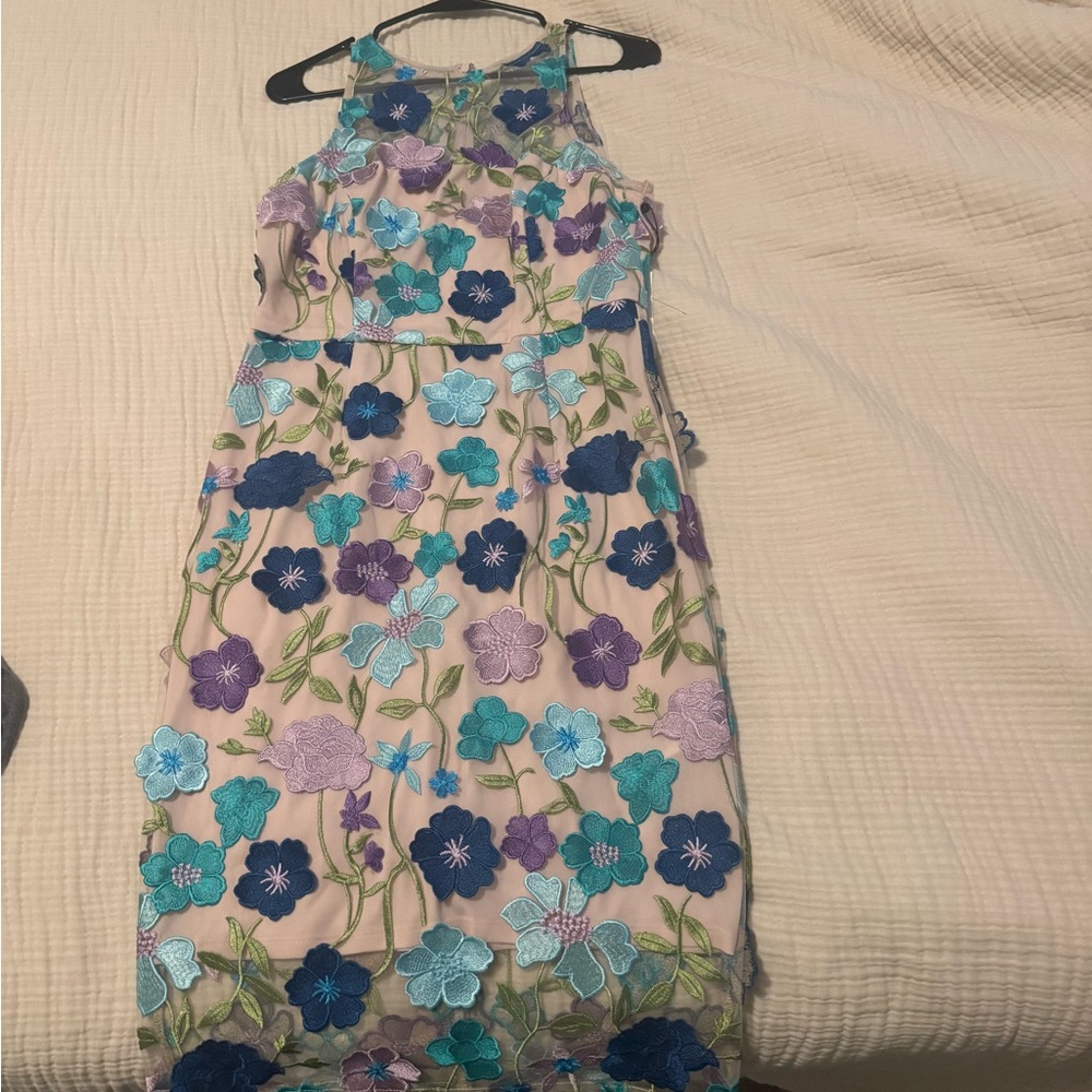 Adrianna Papell Nude Dress with Blue & Purple Floral Embroidery - Picture 5 of 5
